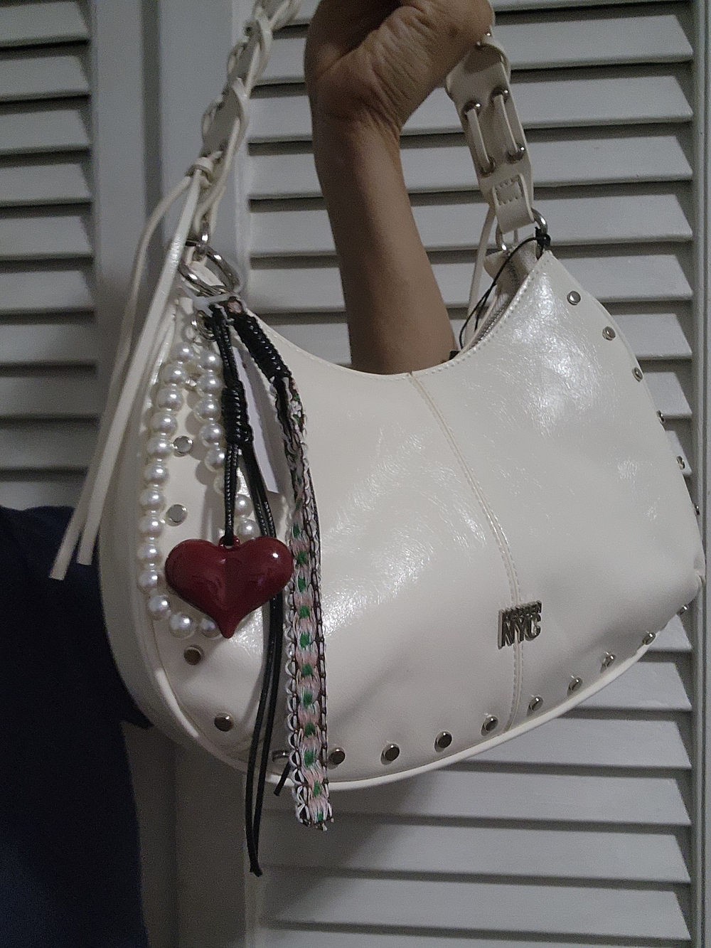 NYC White Shoulder Hobo with Red Heart Charm